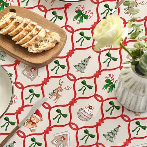 Christmas Round Tablecloth 90 x 90 Inch Teddy Bear House Deer Red