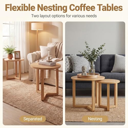 2-Piece Round Nesting Coffee Table Set, Solid Wood Tripod Side Tables