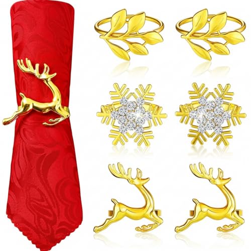Patelai 6Pcs Christmas Napkin Rings Set Elk Leaf Snowflake Gold - 2 Each Style