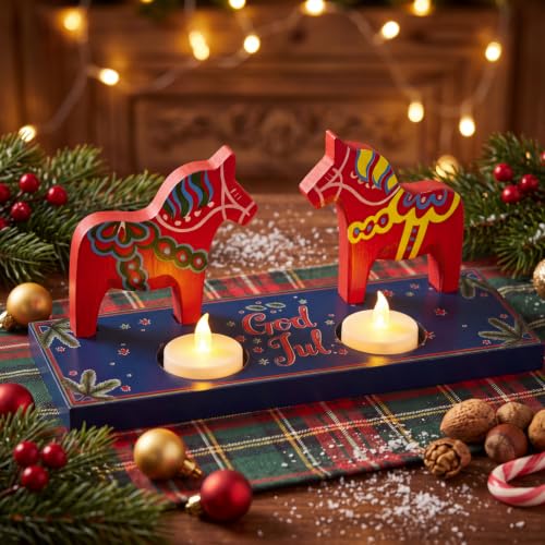Dala Horse Christmas Decor Set with LED Candles - 2 Pc Swedish Wooden Ornaments