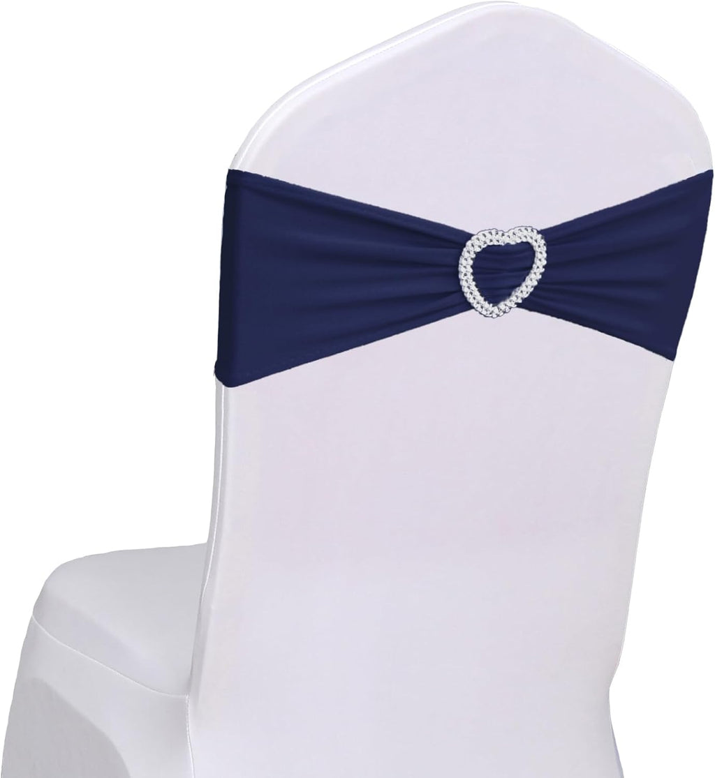 Skiennix Navy Blue Chair Sashes - 30 Pack Universal Elastic Chair Bands with Heart Buckle Slider for Weddings & Parties
