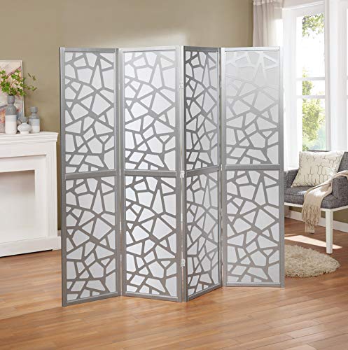 4-Panel Mosaic Room Divider with Silver Frame, White Folding Privacy Screen