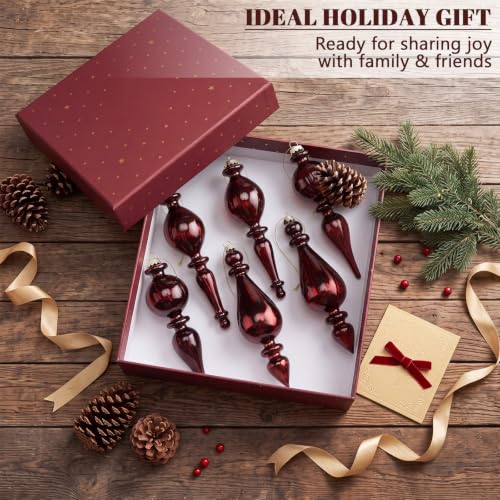Seenelling Burgundy Crystal Glass Christmas Finial Ornaments Set of 6 - Retro Holiday Decor