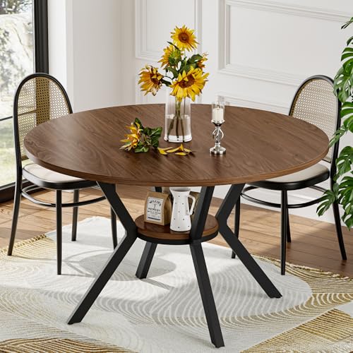 42" Round Farmhouse Dining Table with Storage Shelf & Metal Legs