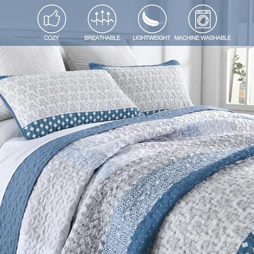 Blue Boho Striped Quilt Set King Size - 3-Piece Reversible Coverlet