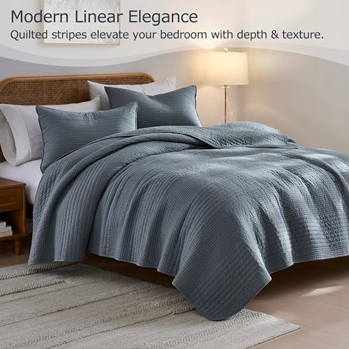 100% Cotton Queen Quilt Bedding Set - Striped Blue Grey Coverlet with 2 Shams