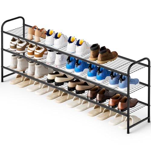 KEETDY 3-Tier Long Metal Shoe Rack - Wide Stackable Shoe Organizer Shelf