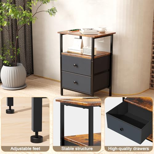 Nightstand with Charging Station, 2 Fabric Drawers & USB Ports