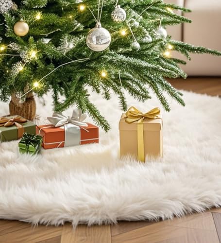 48-Inch White Faux Fur Christmas Tree Skirt - Soft Fluffy Plush Mat