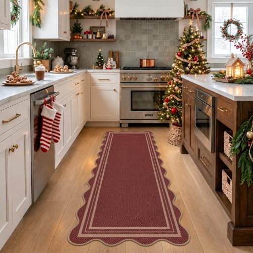 LORWER 2' x 6' Red Scalloped Christmas Runner Rug, Non-Slip Indoor/Outdoor Farmhouse Entryway
