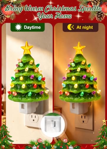 Brightown 2 Pack Christmas Tree Night Light - Vintage Ceramic with Yellow Star, 7W UL Bulb, Swivel Plug
