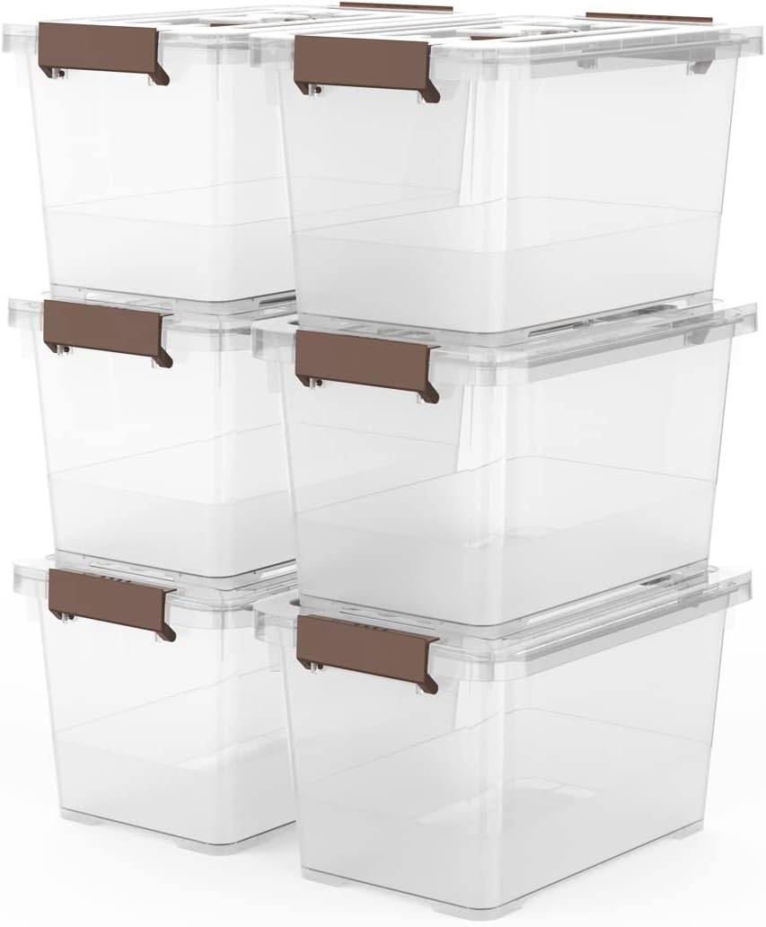 WYT 7 Quart Clear Storage Latch Box - Stackable Plastic Bins with Brown Handle & Lid | 6-Pack