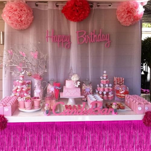 2-Pack Metallic Foil Fringe Table Skirts, Hot Pink Tinsel Party Decor