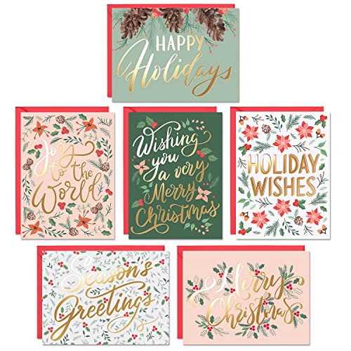 24 Gold Foil Christmas Cards Set with Red Envelopes - Holiday Greeting Cards