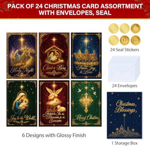 Religious Christmas Cards Set, 24-Pack with Envelopes & Seals – Nativity Scenes