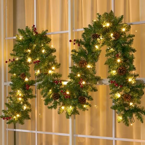 9Ft Christmas Garland Pre-lit with 100 LED Lights, Pine Cones & Red Berries - Battery Powered, Indoor & Outdoor Holiday Decor - Red Berries Variation