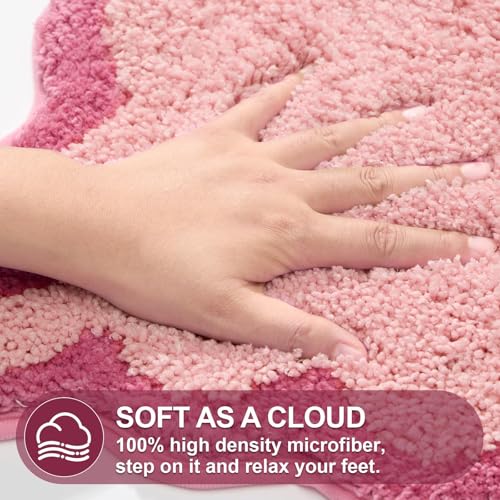 ORTIGIA Pink Scalloped Bath Mat, 17x24 Microfiber Non-Slip Rug