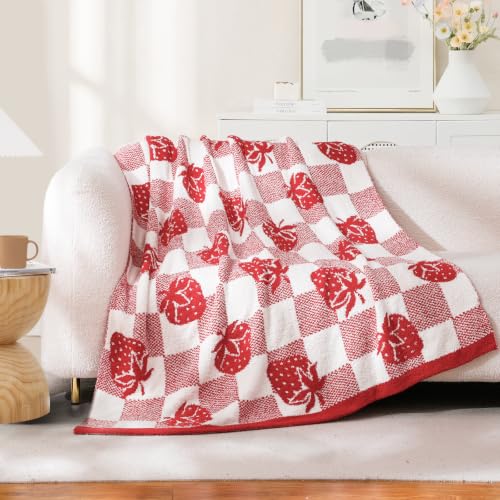 Strawberry Checkered Throw Blanket 50x60 in - Snuggle Sac Microfiber, Cozy Reversible