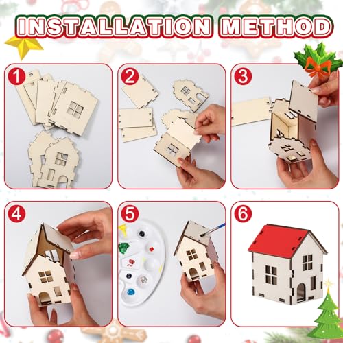 Hiboom 24 Pcs DIY Wooden Christmas Village House Set - Village House (6 Styles x 4 Each)