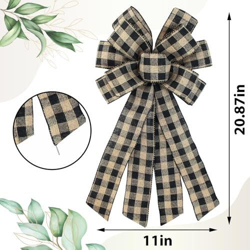 Large Black Buffalo Plaid Wreath Bow - Rustic Farmhouse Decor (11x21 in)