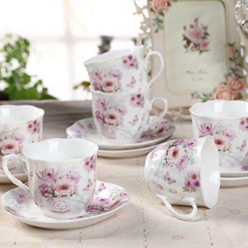 GuangYang 7 oz Porcelain Tea Cup & Saucers Set - Elegant Floral Pattern, Pack of 6