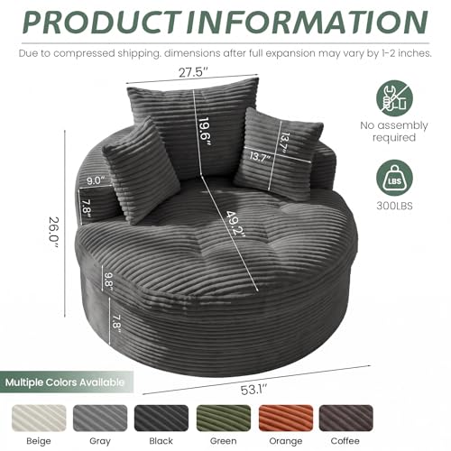 Oversized Corduroy Floor Chaise Lounge with Pillows and Ottoman