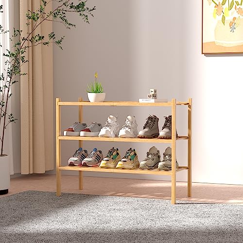 ROMGUAR CRAFT 3-Tier Bamboo Shoe Rack Stackable Storage Organizer for Entryway