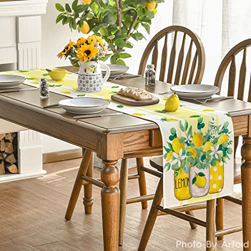 Artoid Mode 13x90 inch Yellow Stripes Table Runner – Lemon Summer Kitchen Dining Decor