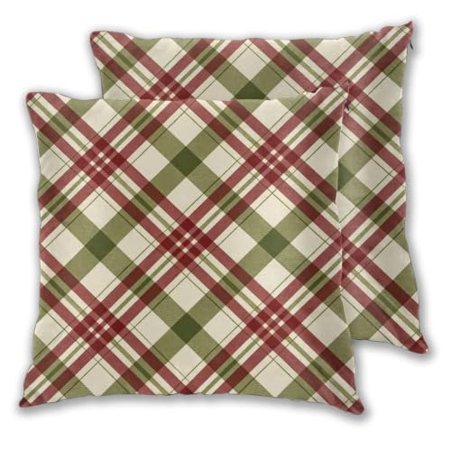 JXDXHCW Christmas Velvet Throw Pillow Covers 18x18 Inch - Ivory Olive Maroon Bias Plaid Set of 2