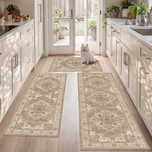 Articosy 3-Piece Boho Kitchen Rug Set with Runner - Washable Non-Slip, Low Pile, Stain Resistant, Beige Cream