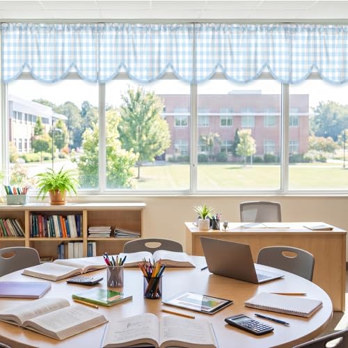 4-Piece Gingham Window Valance Set, Light Blue Rod Pocket Kitchen Curtains