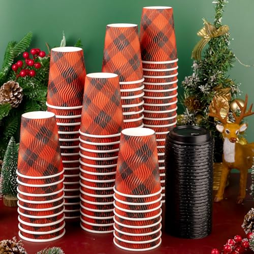Maxcheck 100 Pack Christmas Cups with Lids 12 oz Red Black Buffalo Plaid Holiday