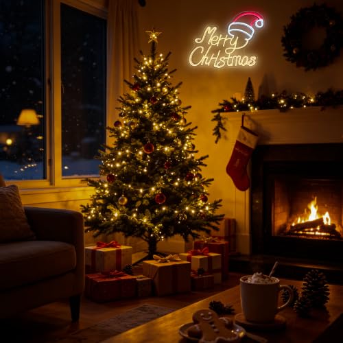 Allball Merry Christmas Neon Sign Wall Decor USB Dimmable LED Santa Hat Light - Warm White, Cold White & Red