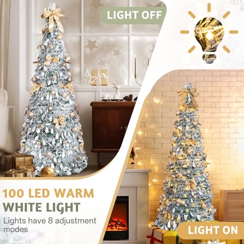 Karl Home 6 ft Snow Flocked Pre-lit Artificial Pop Up Christmas Tree with 100 Warm Lights, Golden Ornaments – Snowy Green