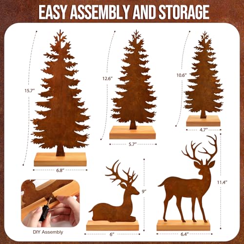 KPX Set of 5 Metal Christmas Tree and Deer Tabletop Decor, Rusty