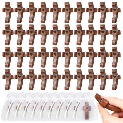 50-Piece Handcrafted Walnut Pocket Crosses with Gift Bags for Church Events