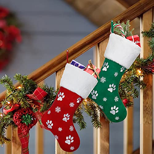 2Pcs Christmas Stockings Velvet Red & Green with Snowflake Paw Embroidery, 18in