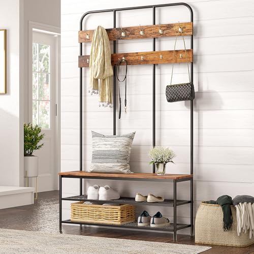 Industrial Hall Tree with Bench, 12-Hook Coat Rack and Shoe Storage Organizer
