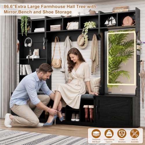 86.6" Extra Large Farmhouse Hall Tree with LED Mirror and Shoe Storage