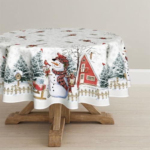 White Christmas Tablecloth 70x70 Inch Round Snowman Holiday Decor