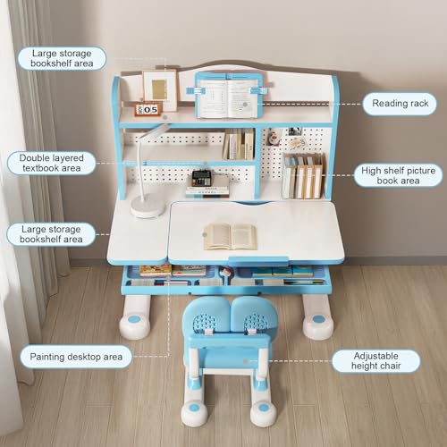 Adjustable Kids Study Desk and Chair Set with Tilt Desktop and Storage