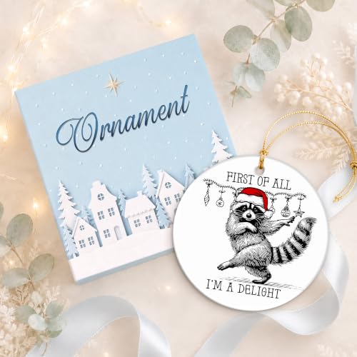 Funny Raccoon Christmas Ornament - Woodland Santa Hat Ceramic Keepsake