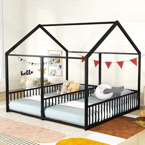 Double Twin House Platform Bed, Metal Floor Bed Frame with Safety Rails