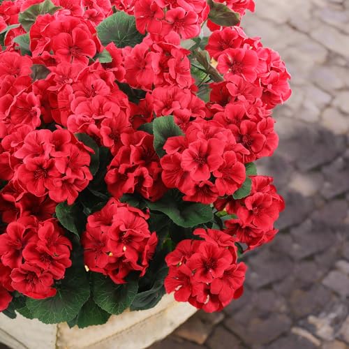 6-Piece Artificial Silk Geranium Flowers - UV Resistant Outdoor Red Faux Plants
