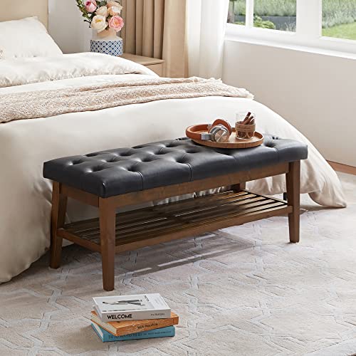 Upholstered Entryway Shoe Bench with Storage Shelf and Button Tufted Seat