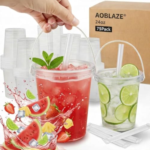 75 Pack Reusable Plastic Drink Buckets with Lids & Straws, 24 oz Party Beverage Pails