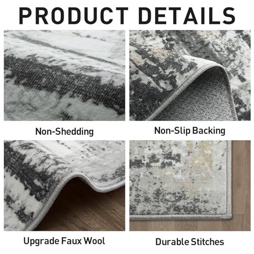 8x10 Washable Abstract Area Rug - Black, Grey & Gold Non-Slip Carpet