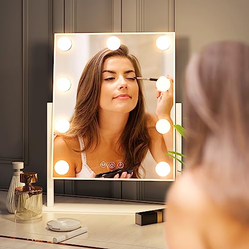 ZL ZELing White Vanity Mirror with Lights 9 Bulbs, Dimmable Touch Control, 360° Rotation