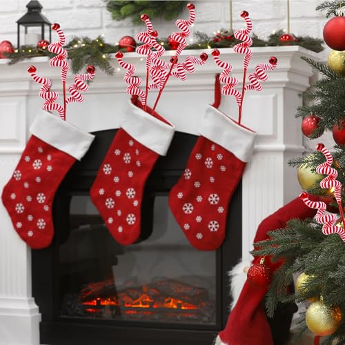 Sggvecsy Red Christmas Candy Cane Woolen Bell Decor - 6 pcs Holiday Tree Picks