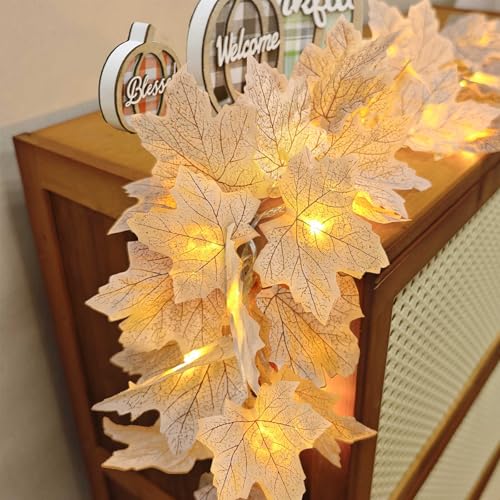 Lighted White Maple Leaf Fall Garland - 2 Pack, 13ft 40 LED String Lights